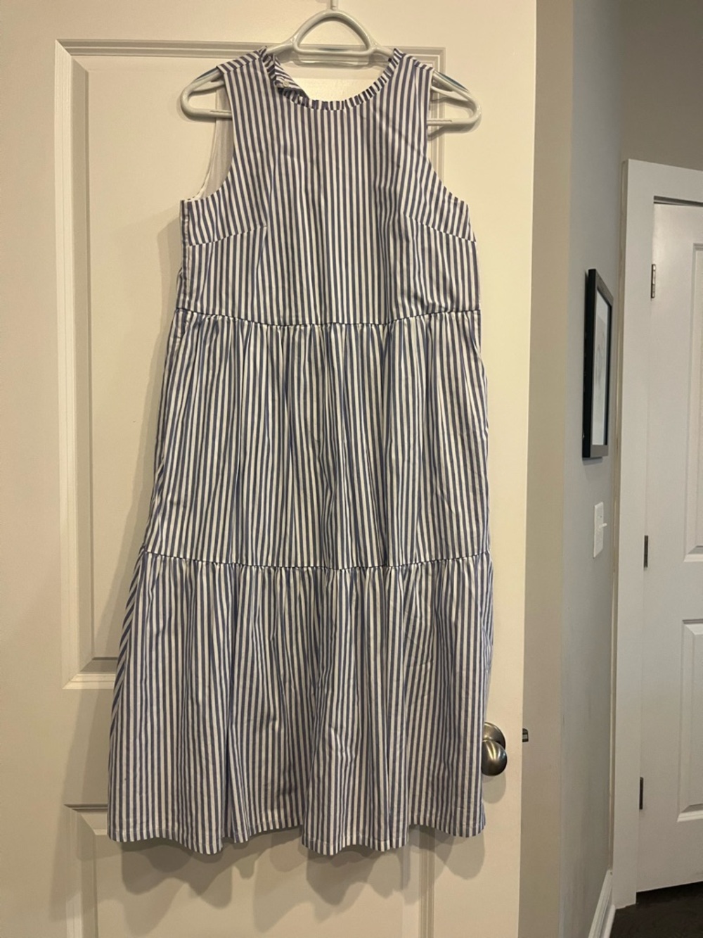 J crew ruffle neck dress size 2 purple pinstripe stripes